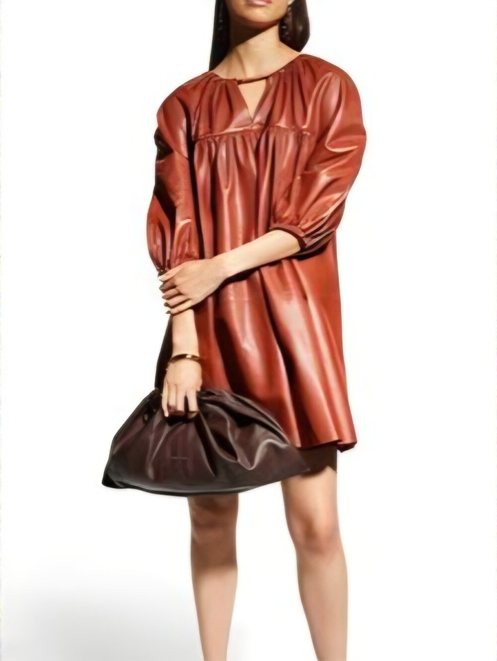 AERON 🏷️NWT Genuine Leather Trapeze Long Sleeve VNeck Luxe Tiered Dress 38 US S